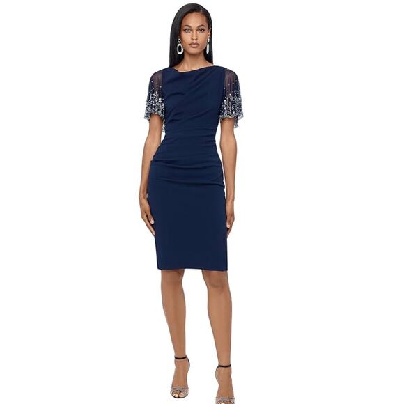Betsy & Adam Navy Embellished Flutter Sleeve Ruched Crepe Dress 14 NWT - Picture 1 of 6